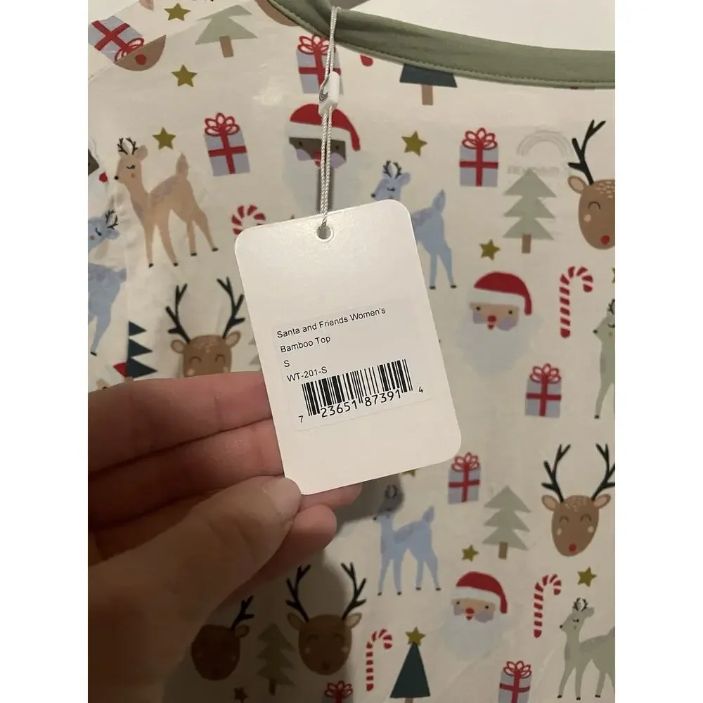 SANTA AND FRIENDS CHRISTMAS ADULT BAMBOO‎ PAJAMAS WOMEN'S TOP Small